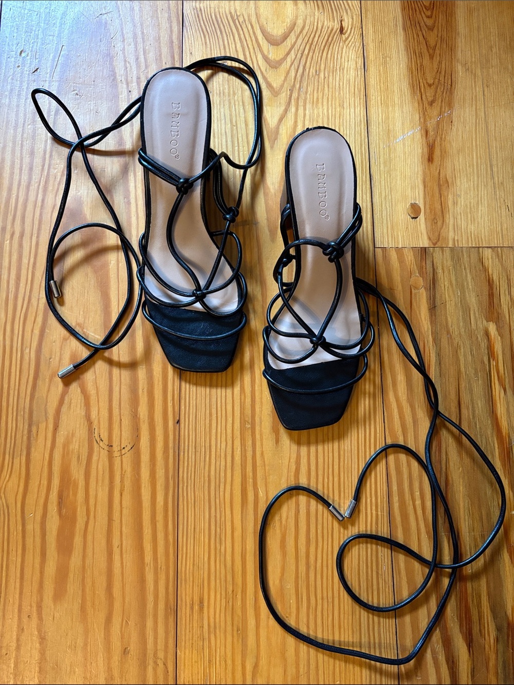 BAMBOO Black Lace-Up Strappy Heeled Sandals
